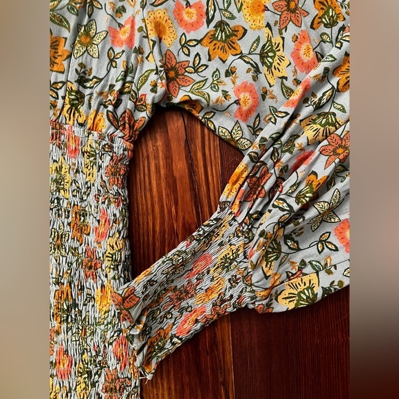 VICI Green Floral Mini Dress Balloon Sleeve Smocked Body Tie at Neckline - Picture 3 of 6